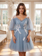 Dusty Blue Tulle A-Line Criss-Cross Straps Back Zip Short Dress with Lace Appliques - Curvevia