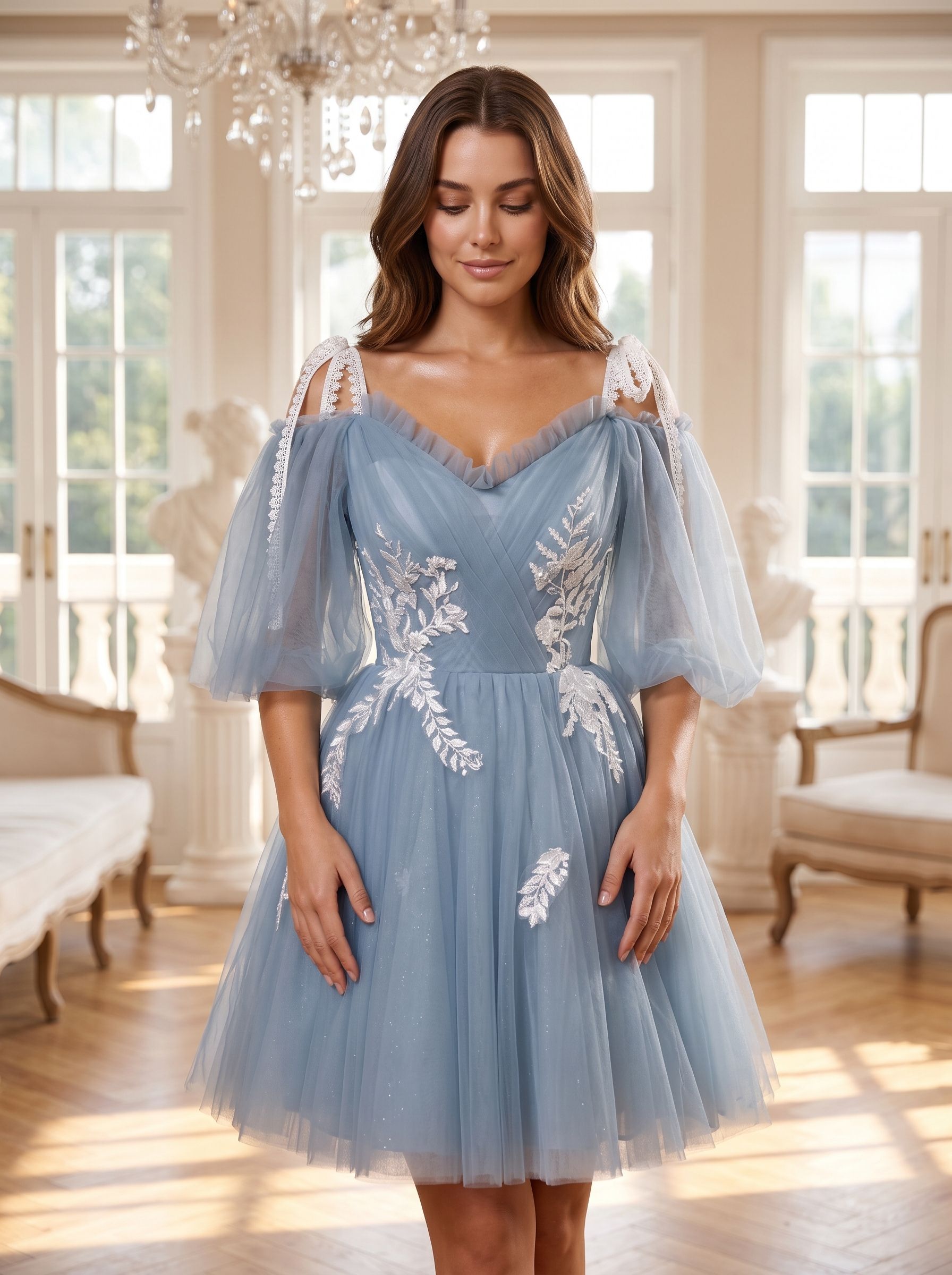 Dusty Blue Tulle A-Line Criss-Cross Straps Back Zip Short Dress with Lace Appliques - Curvevia