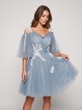 Dusty Blue Tulle A-Line Criss-Cross Straps Back Zip Short Dress with Lace Appliques - Curvevia