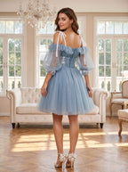 Dusty Blue Tulle A-Line Criss-Cross Straps Back Zip Short Dress with Lace Appliques - Curvevia