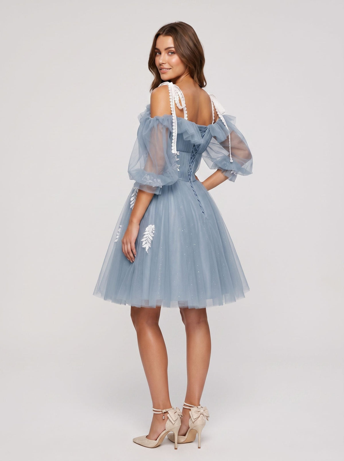 Dusty Blue Tulle A-Line Criss-Cross Straps Back Zip Short Dress with Lace Appliques - Curvevia