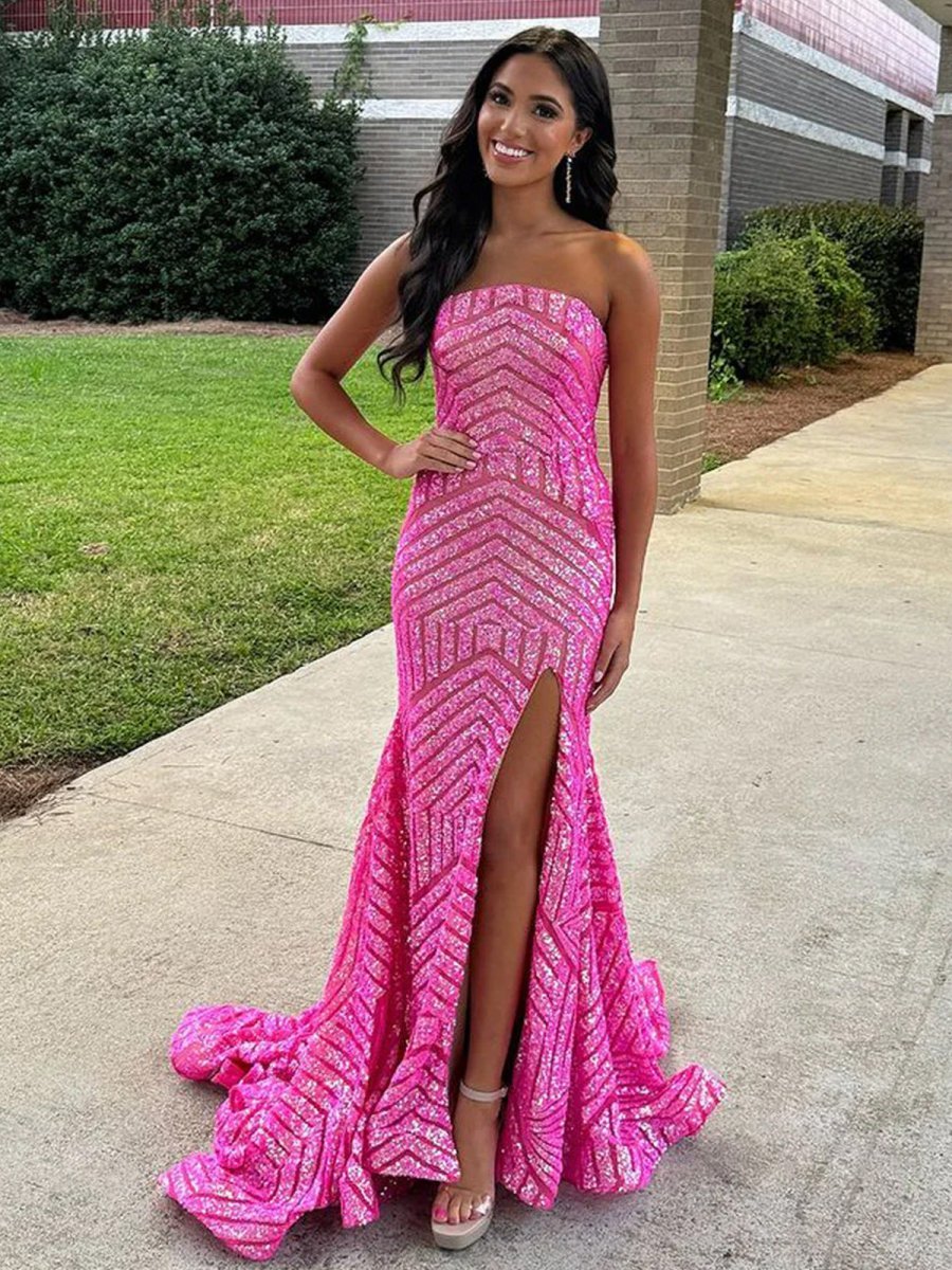 Mermaid Hot Pink Sequins Strapless Evening Dress with Slit - Curvevia