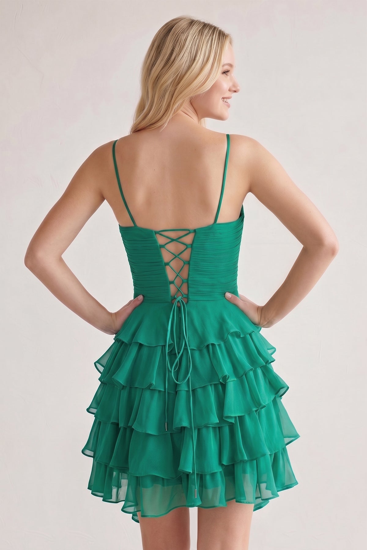 Pink Spaghetti Straps A Line Chiffon Ruffles Wedding Guest Dress With Bow - Curvevia