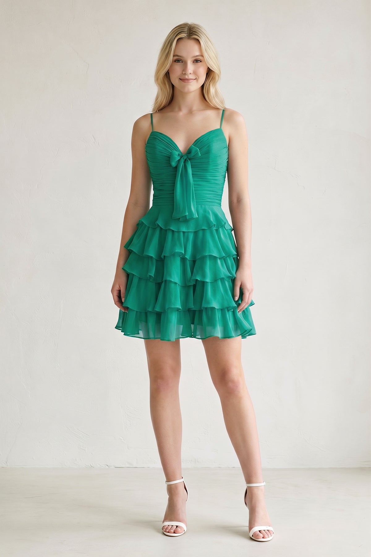 Pink Spaghetti Straps A Line Chiffon Ruffles Wedding Guest Dress With Bow - Curvevia