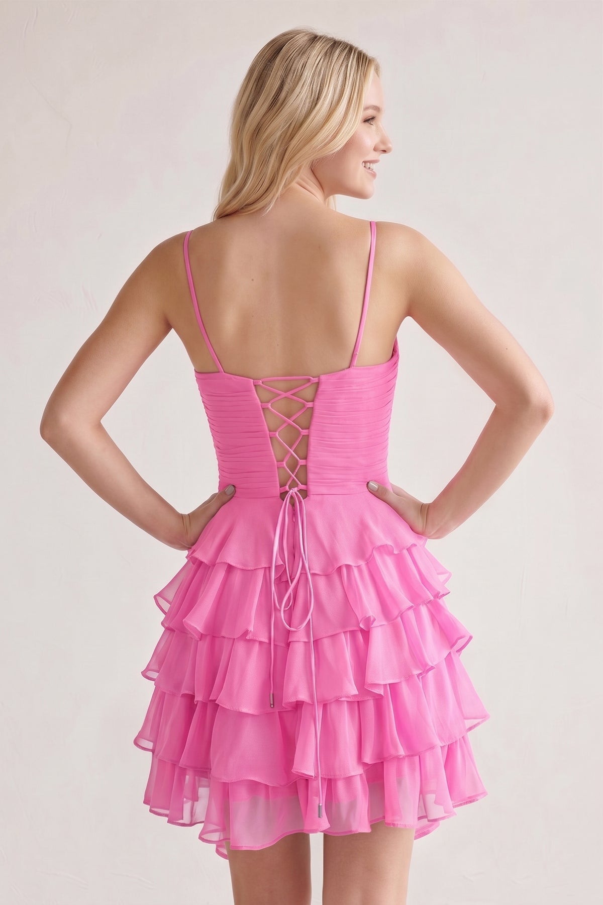 Pink Spaghetti Straps A Line Chiffon Ruffles Wedding Guest Dress With Bow - Curvevia
