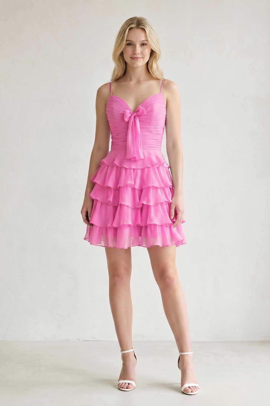 Pink Spaghetti Straps A Line Chiffon Ruffles Wedding Guest Dress With Bow - Curvevia