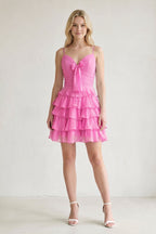 Pink Spaghetti Straps A Line Chiffon Ruffles Wedding Guest Dress With Bow - Curvevia