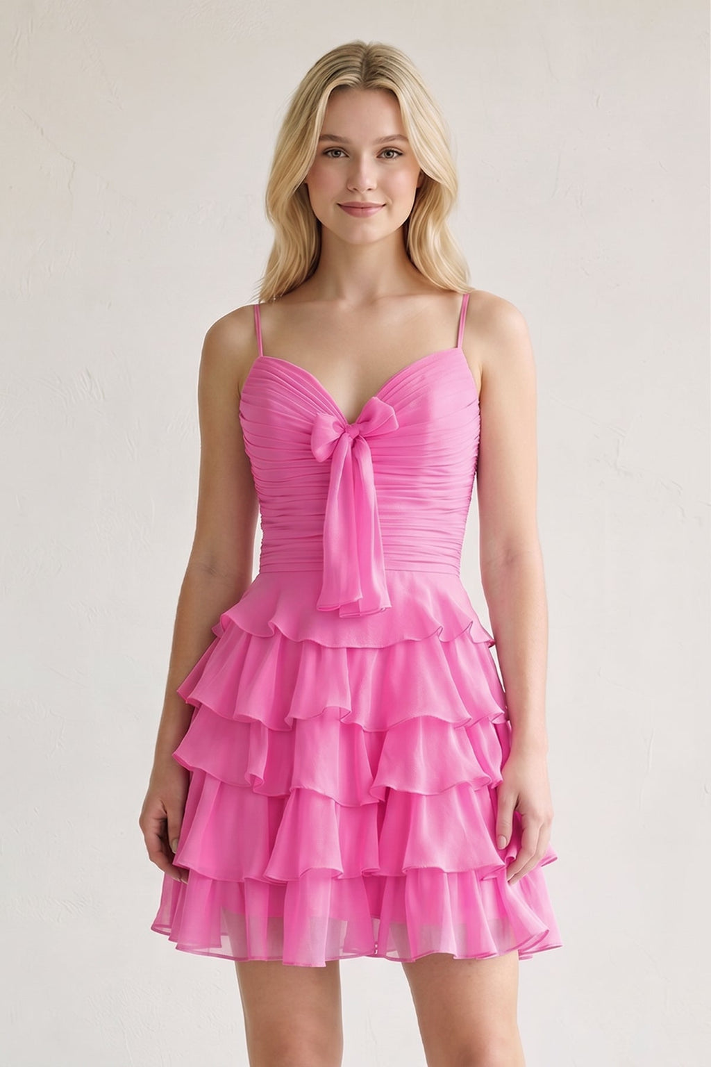 Pink Spaghetti Straps A Line Chiffon Ruffles Wedding Guest Dress With Bow - Curvevia
