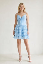 Pink Spaghetti Straps A Line Chiffon Ruffles Wedding Guest Dress With Bow - Curvevia