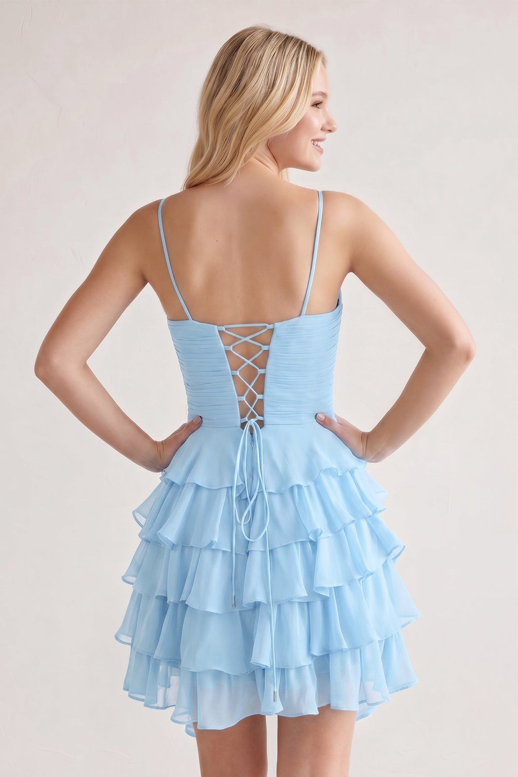 Pink Spaghetti Straps A Line Chiffon Ruffles Wedding Guest Dress With Bow - Curvevia