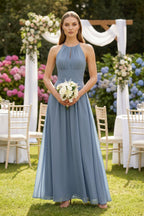Halter A-Line Chiffon Ankle-Length Bridesmaid Dress in Neptune - Curvevia