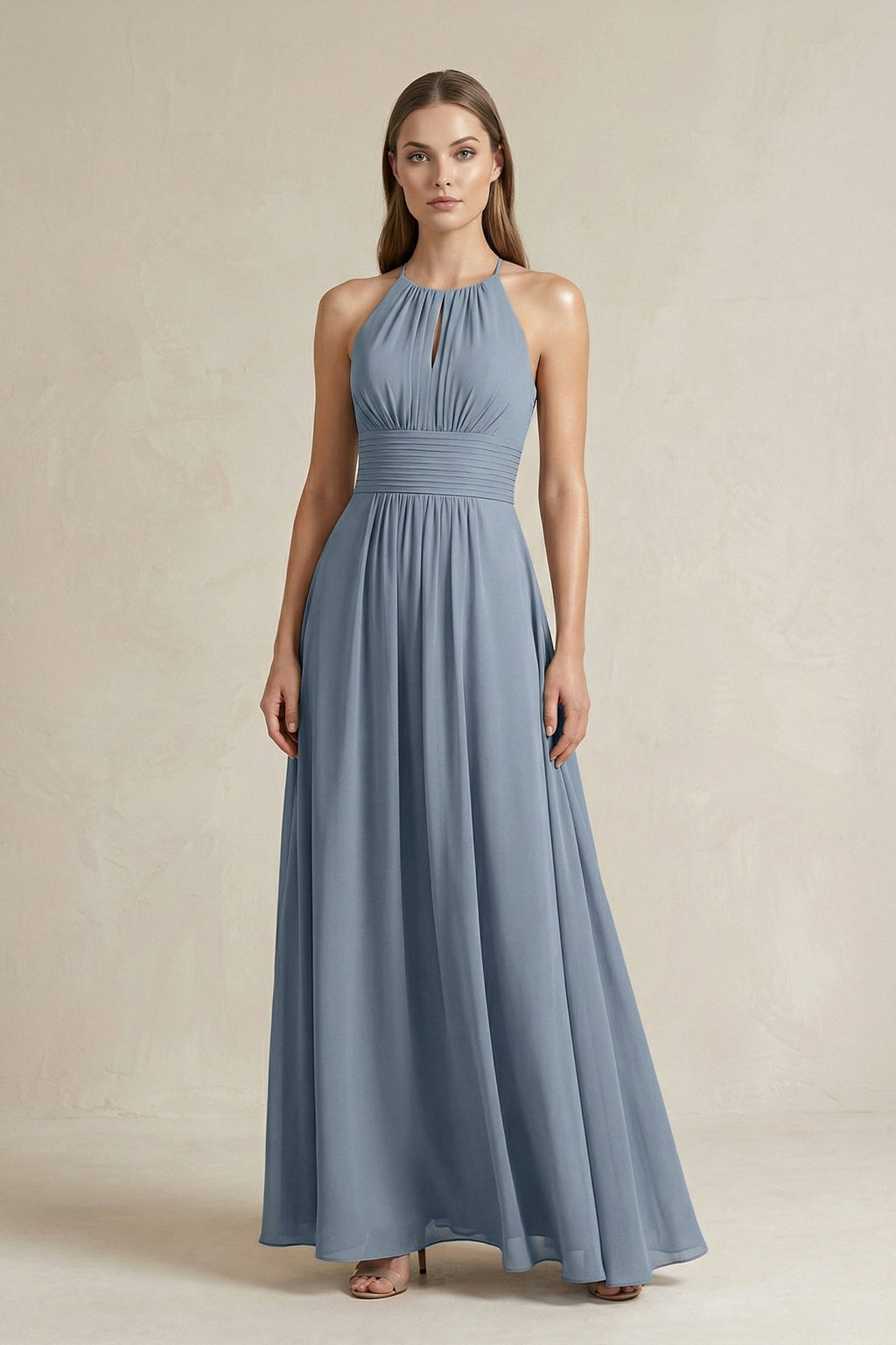 Halter A-Line Chiffon Ankle-Length Bridesmaid Dress in Neptune - Curvevia