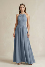 Halter A-Line Chiffon Ankle-Length Bridesmaid Dress in Neptune - Curvevia
