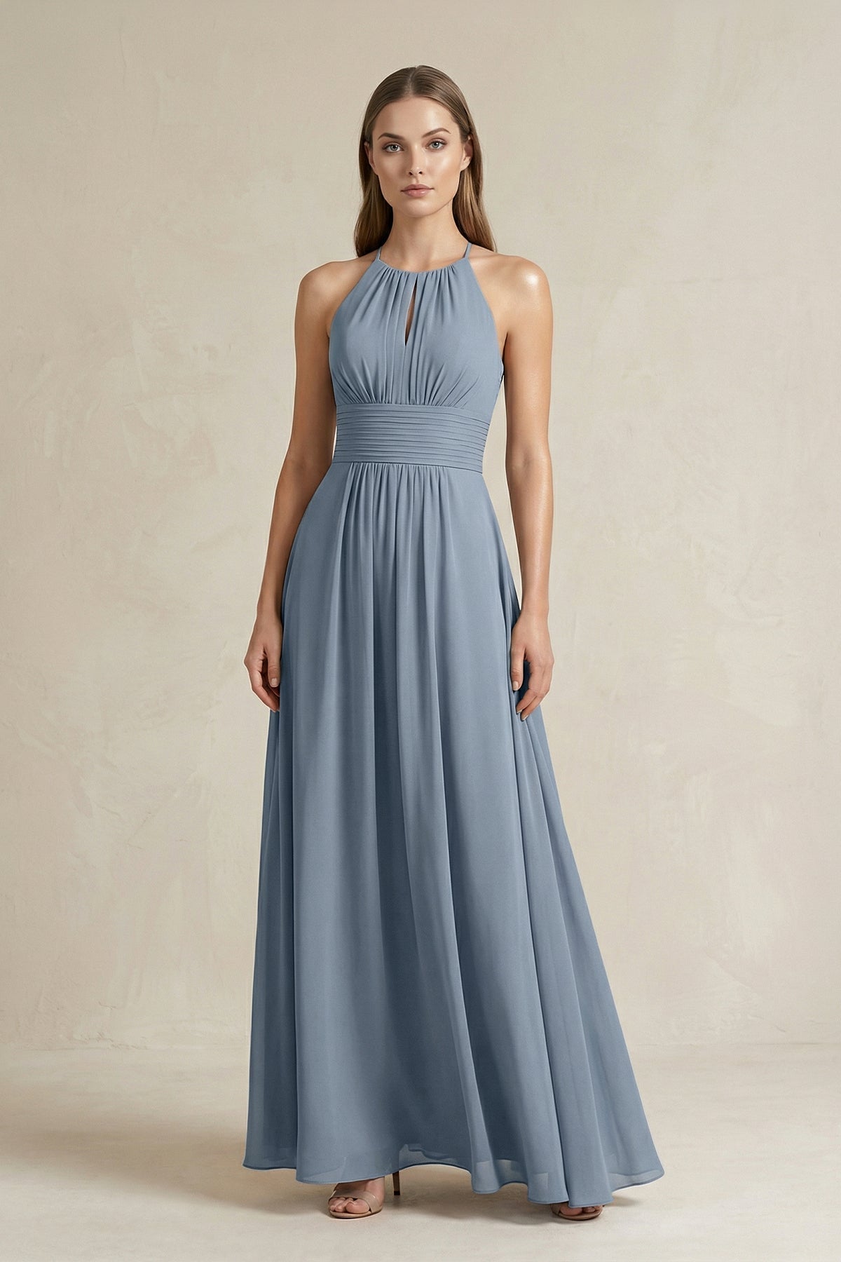 Halter A-Line Chiffon Ankle-Length Bridesmaid Dress in Neptune - Curvevia