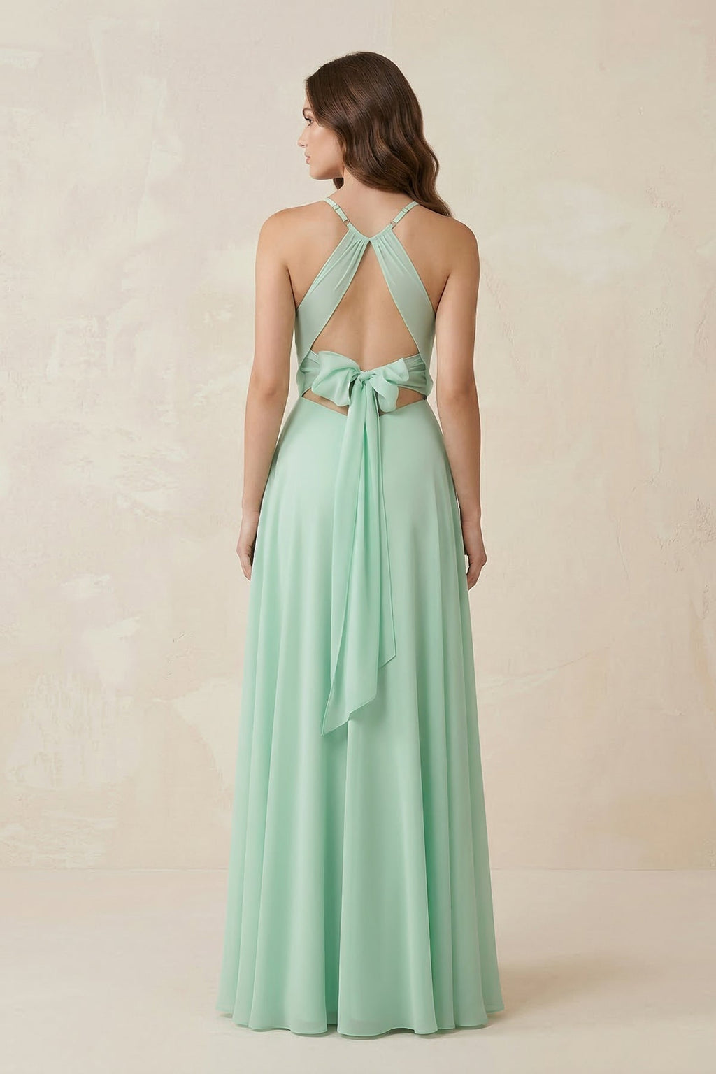Halter A-Line Chiffon Bridesmaid Dress With Slit in Pale Pistachio - Curvevia