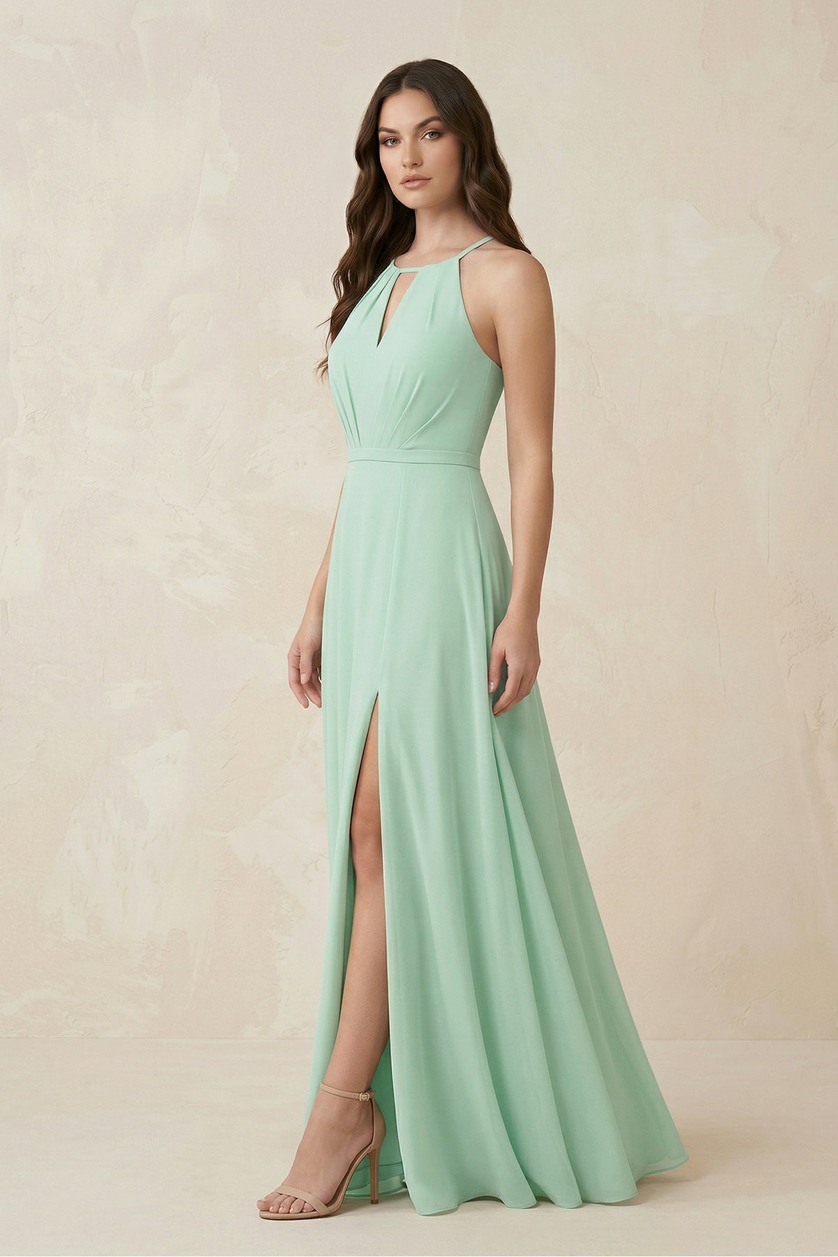 Halter A-Line Chiffon Bridesmaid Dress With Slit in Pale Pistachio - Curvevia