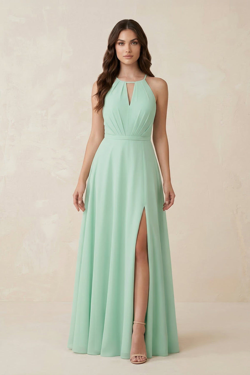 Halter A-Line Chiffon Bridesmaid Dress With Slit in Pale Pistachio - Curvevia