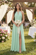 Halter A-Line Chiffon Bridesmaid Dress With Slit in Pale Pistachio - Curvevia