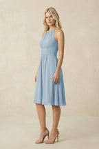 Halter A-Line Chiffon Midi Bridesmaid Dress in Dusty Blue - Curvevia