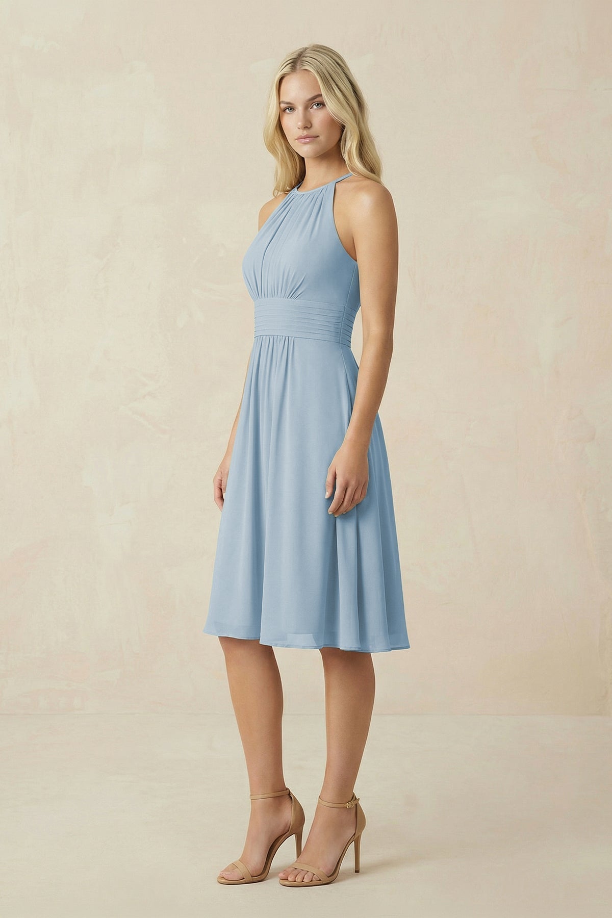 Halter A-Line Chiffon Midi Bridesmaid Dress in Dusty Blue - Curvevia