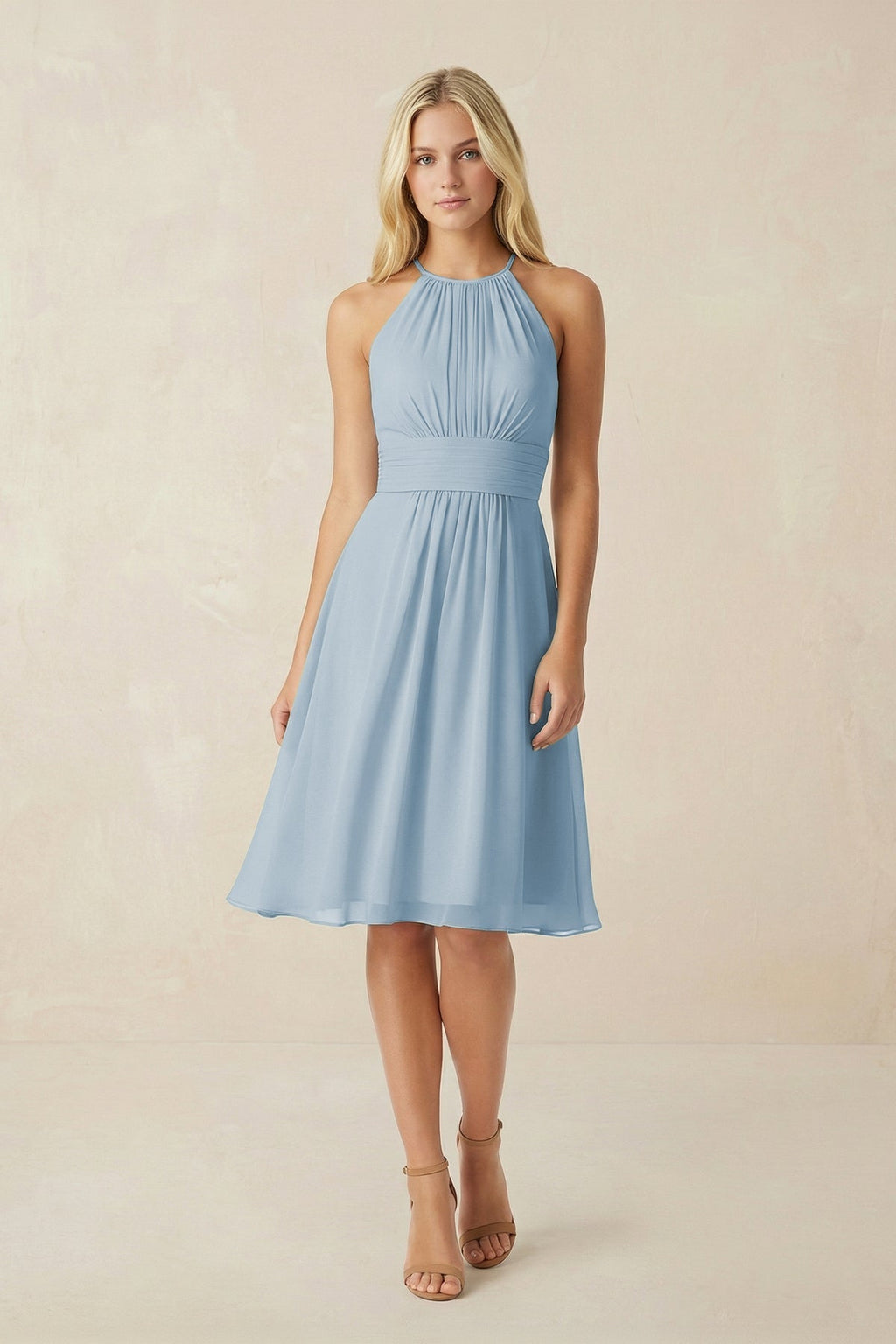Halter A-Line Chiffon Midi Bridesmaid Dress in Dusty Blue - Curvevia