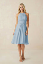 Halter A-Line Chiffon Midi Bridesmaid Dress in Dusty Blue - Curvevia