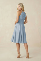 Halter A-Line Chiffon Midi Bridesmaid Dress in Dusty Blue - Curvevia