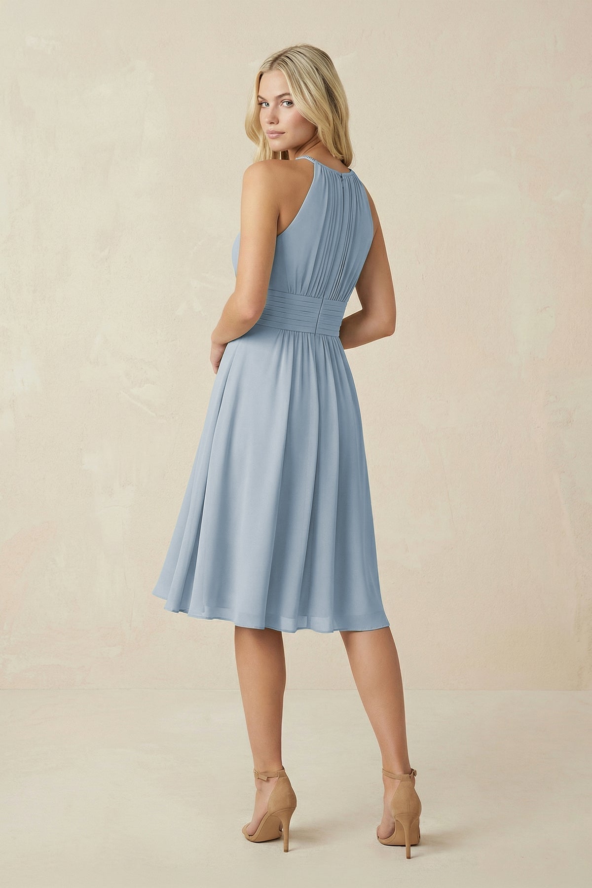 Halter A-Line Chiffon Midi Bridesmaid Dress in Dusty Blue - Curvevia