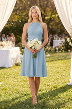 Halter A-Line Chiffon Midi Bridesmaid Dress in Dusty Blue - Curvevia