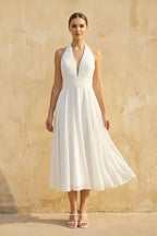Vintage Tea-Length Chiffon Wedding Dress With Halter Neck and Bow - Curvevia