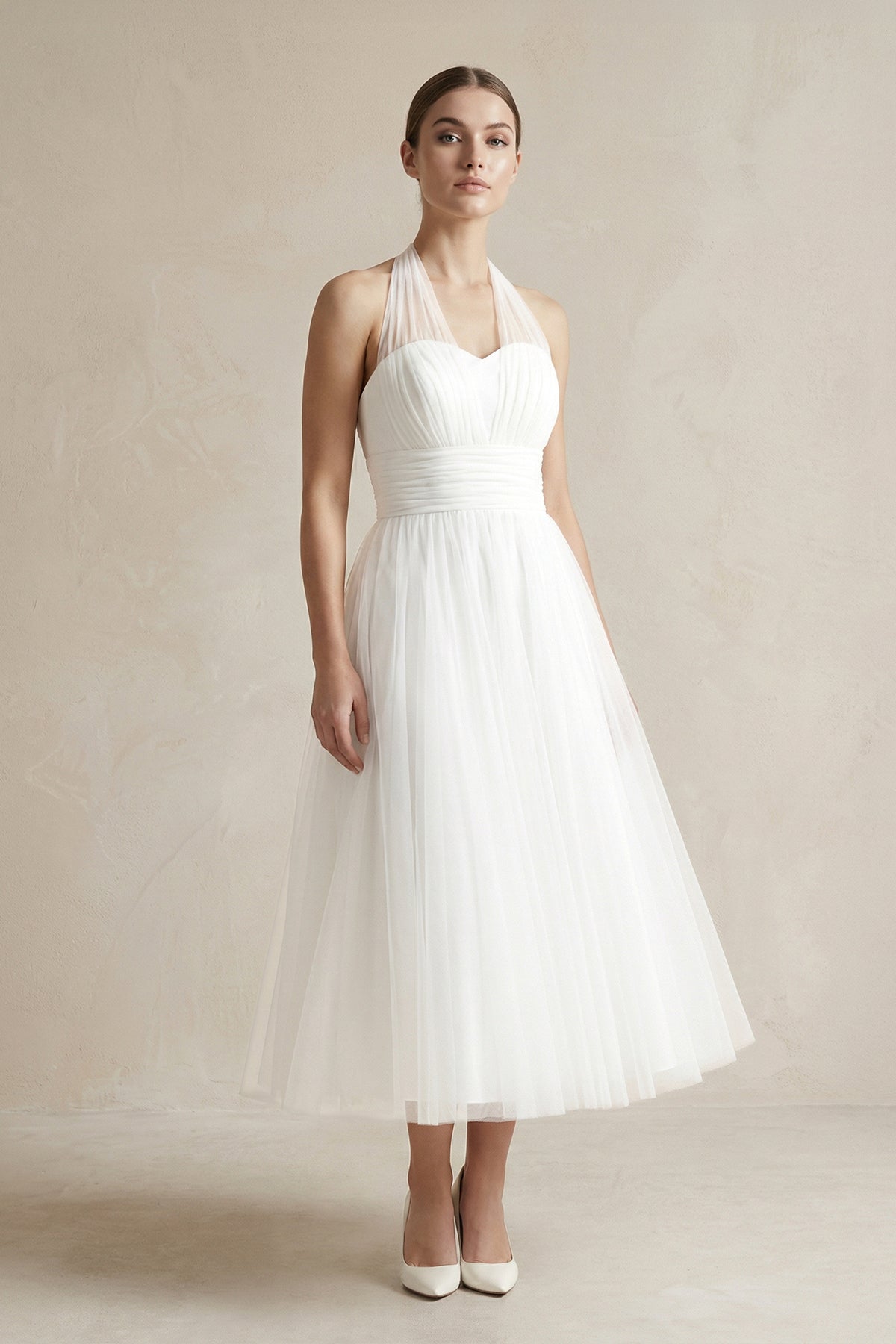 Halter A-Line Tea Length Tulle Wedding Dress With Ruching - Curvevia