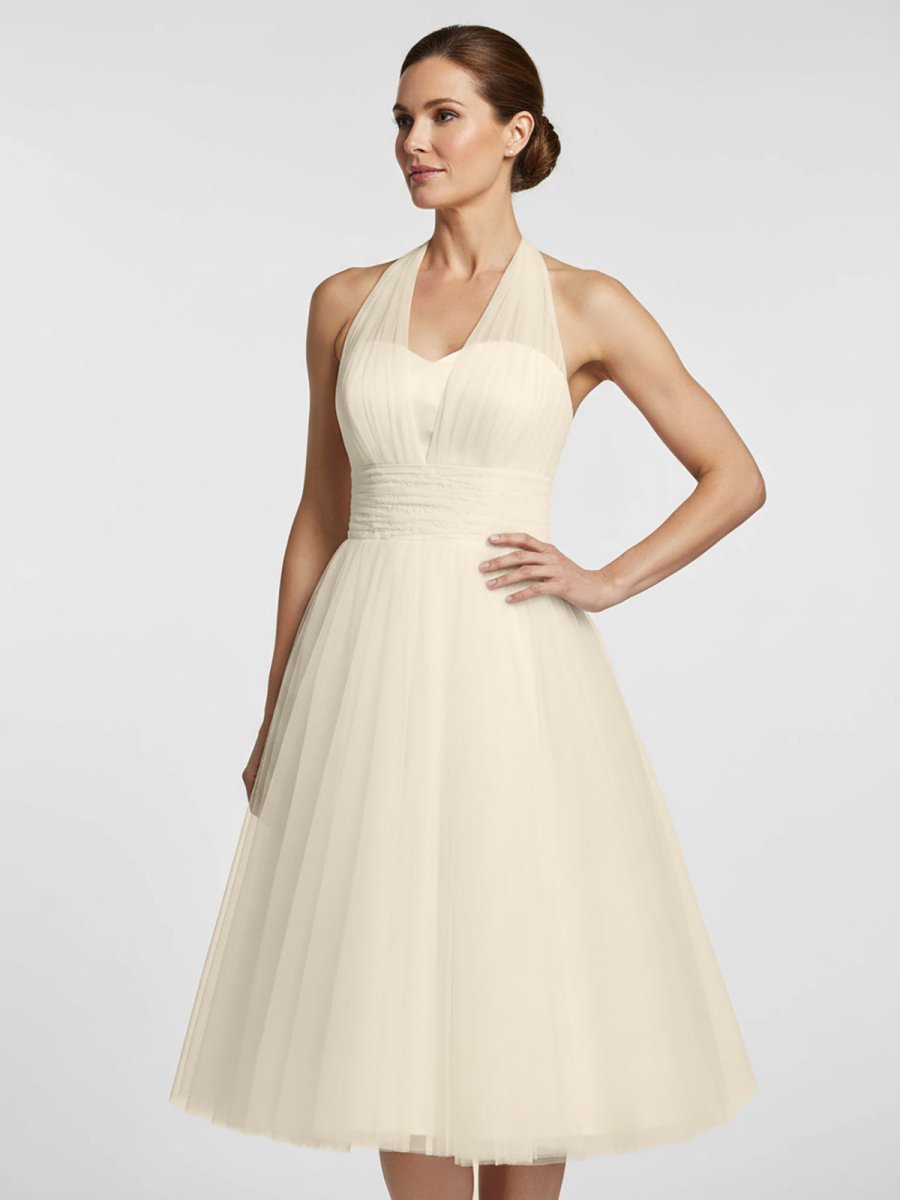 Halter A-Line Tea Length Tulle Wedding Dress With Ruching - Curvevia