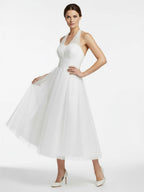 Halter A-Line Tea Length Tulle Wedding Dress With Ruching - Curvevia