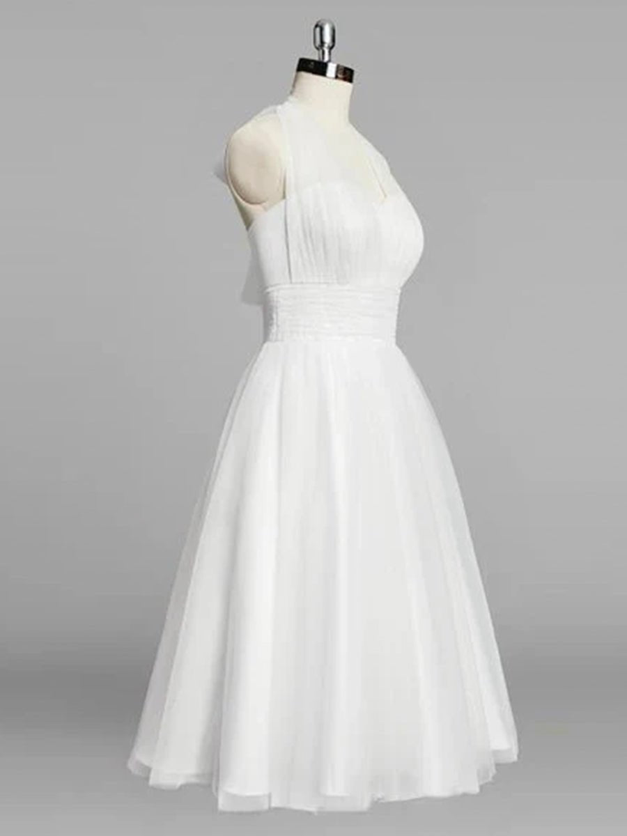 Halter A-Line Tea Length Tulle Wedding Dress With Ruching - Curvevia