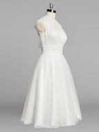 Halter A-Line Tea Length Tulle Wedding Dress With Ruching - Curvevia