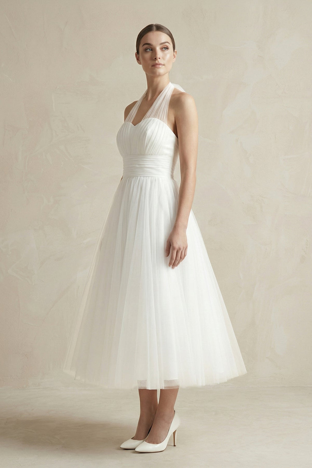 Halter A-Line Tea Length Tulle Wedding Dress With Ruching - Curvevia