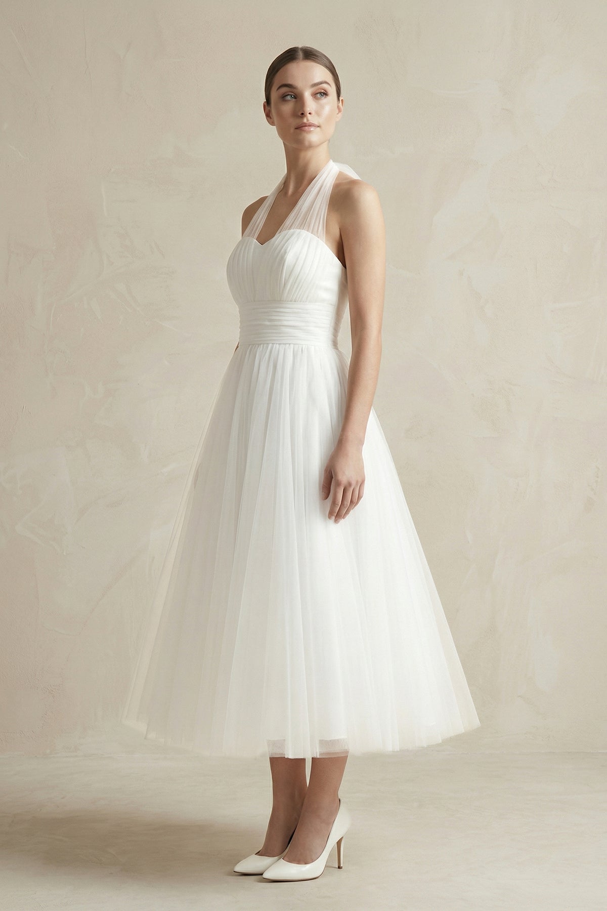 Halter A-Line Tea Length Tulle Wedding Dress With Ruching - Curvevia