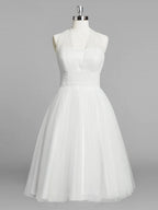 Halter A-Line Tea Length Tulle Wedding Dress With Ruching - Curvevia