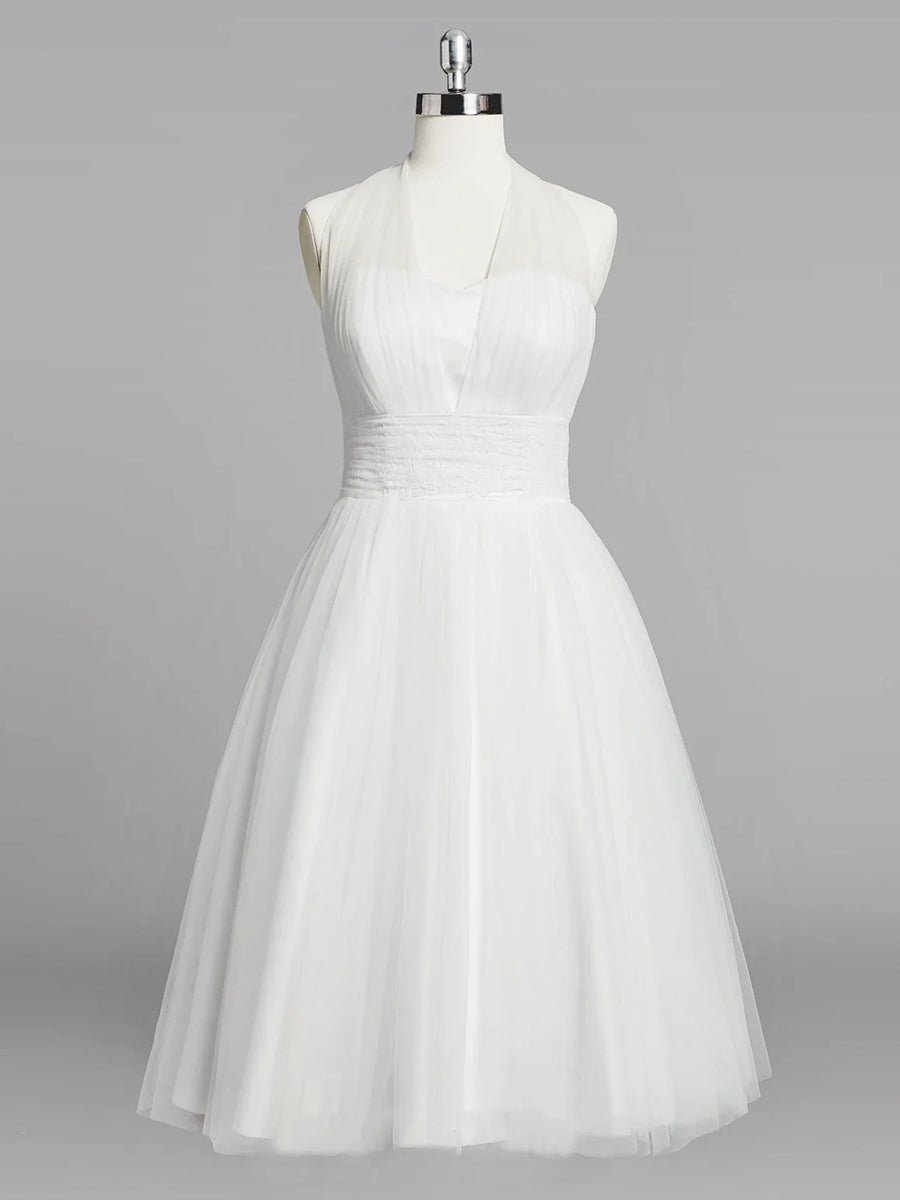 Halter A-Line Tea Length Tulle Wedding Dress With Ruching - Curvevia