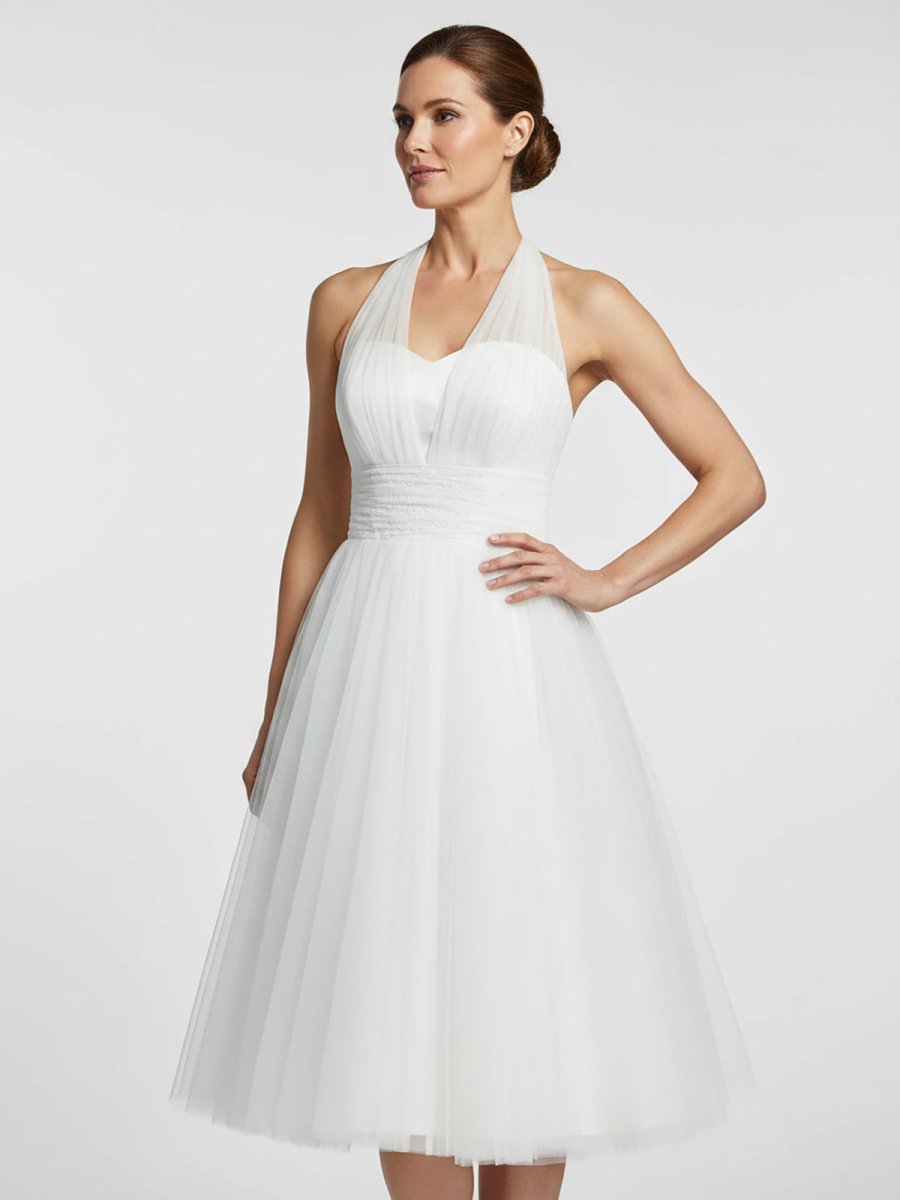 Halter A-Line Tea Length Tulle Wedding Dress With Ruching - Curvevia