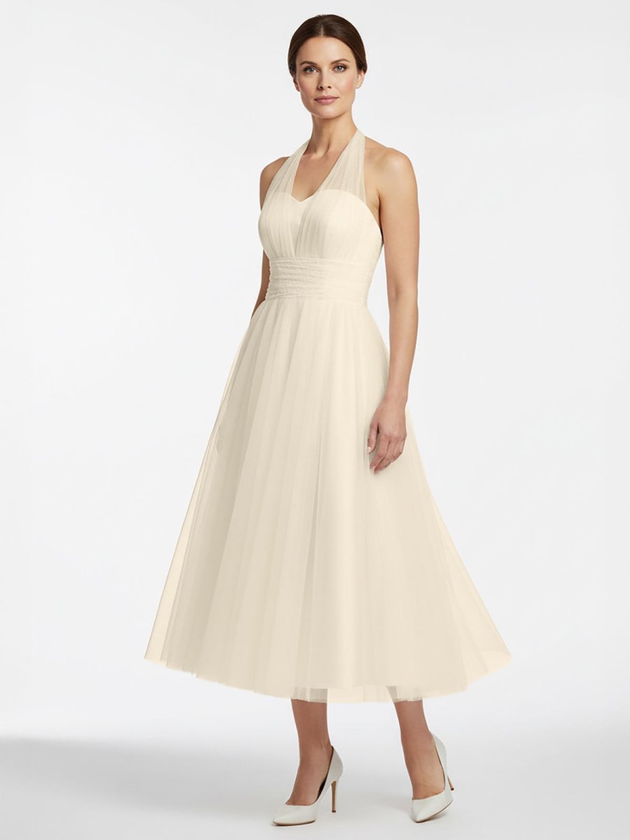 Halter A-Line Tea Length Tulle Wedding Dress With Ruching - Curvevia