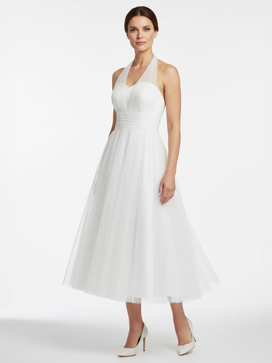 Halter A-Line Tea Length Tulle Wedding Dress With Ruching - Curvevia