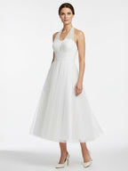 Halter A-Line Tea Length Tulle Wedding Dress With Ruching - Curvevia