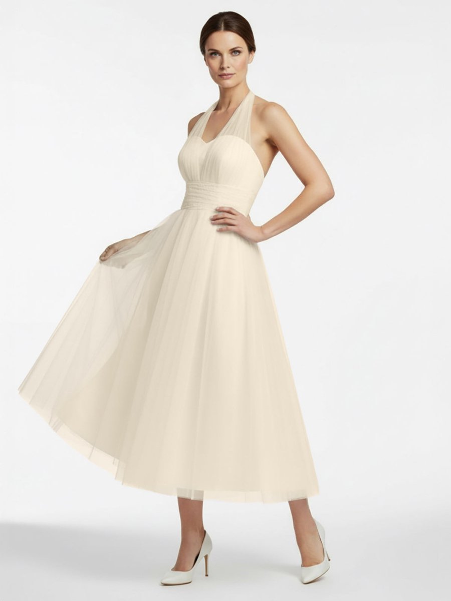 Halter A-Line Tea Length Tulle Wedding Dress With Ruching - Curvevia