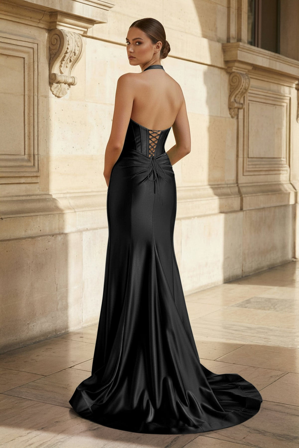 Navy Halter Corset Mermaid Ruched Long Evening Dress with Slit - Curvevia