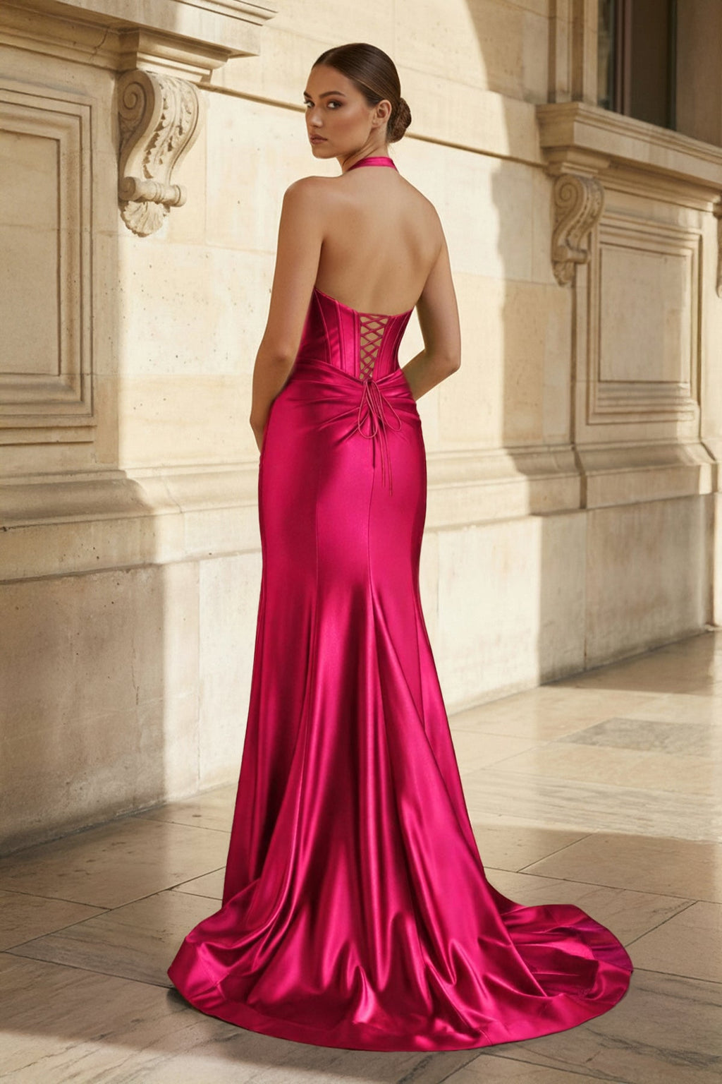 Navy Halter Corset Mermaid Ruched Long Evening Dress with Slit - Curvevia