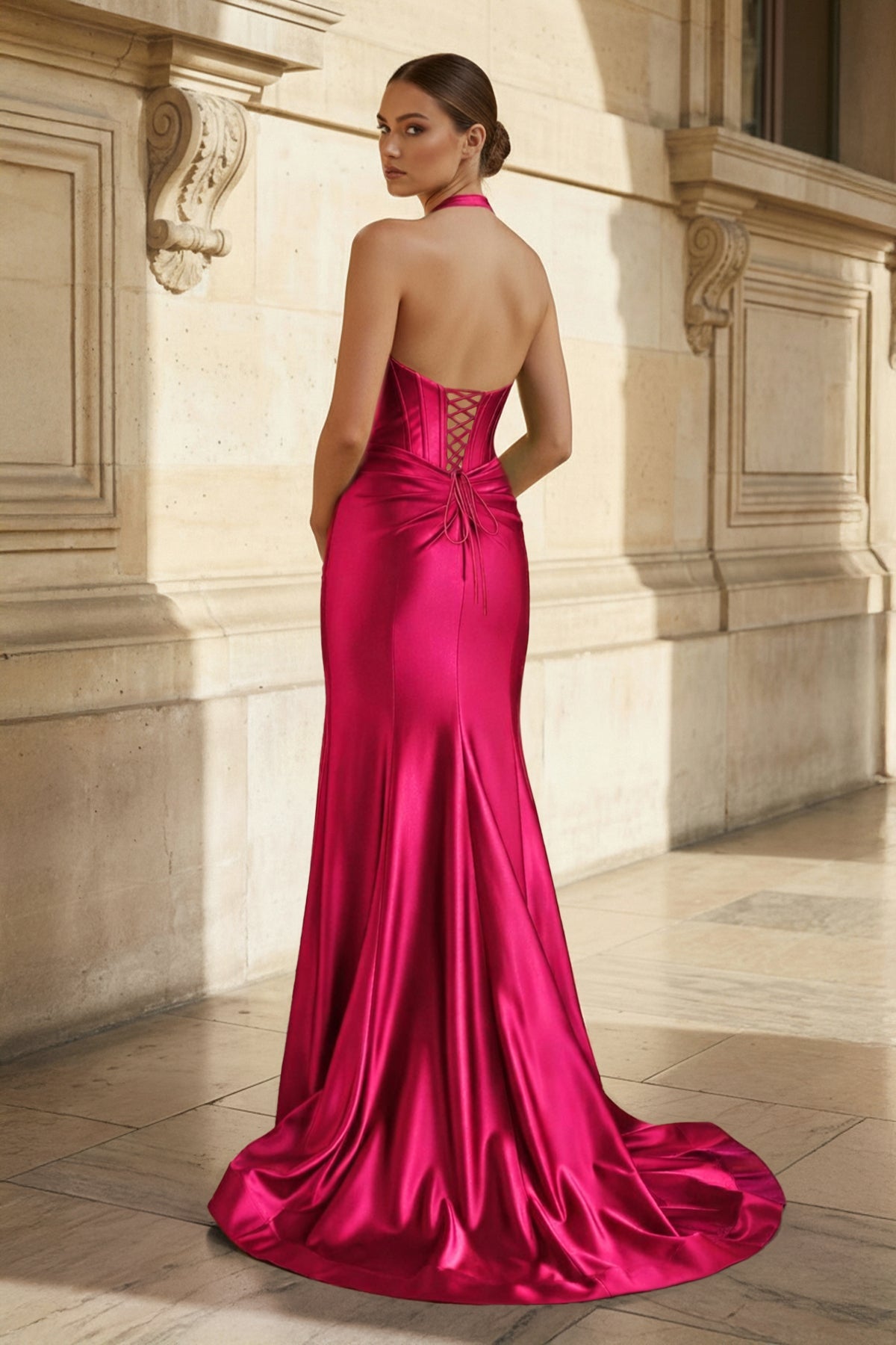 Navy Halter Corset Mermaid Ruched Long Evening Dress with Slit - Curvevia