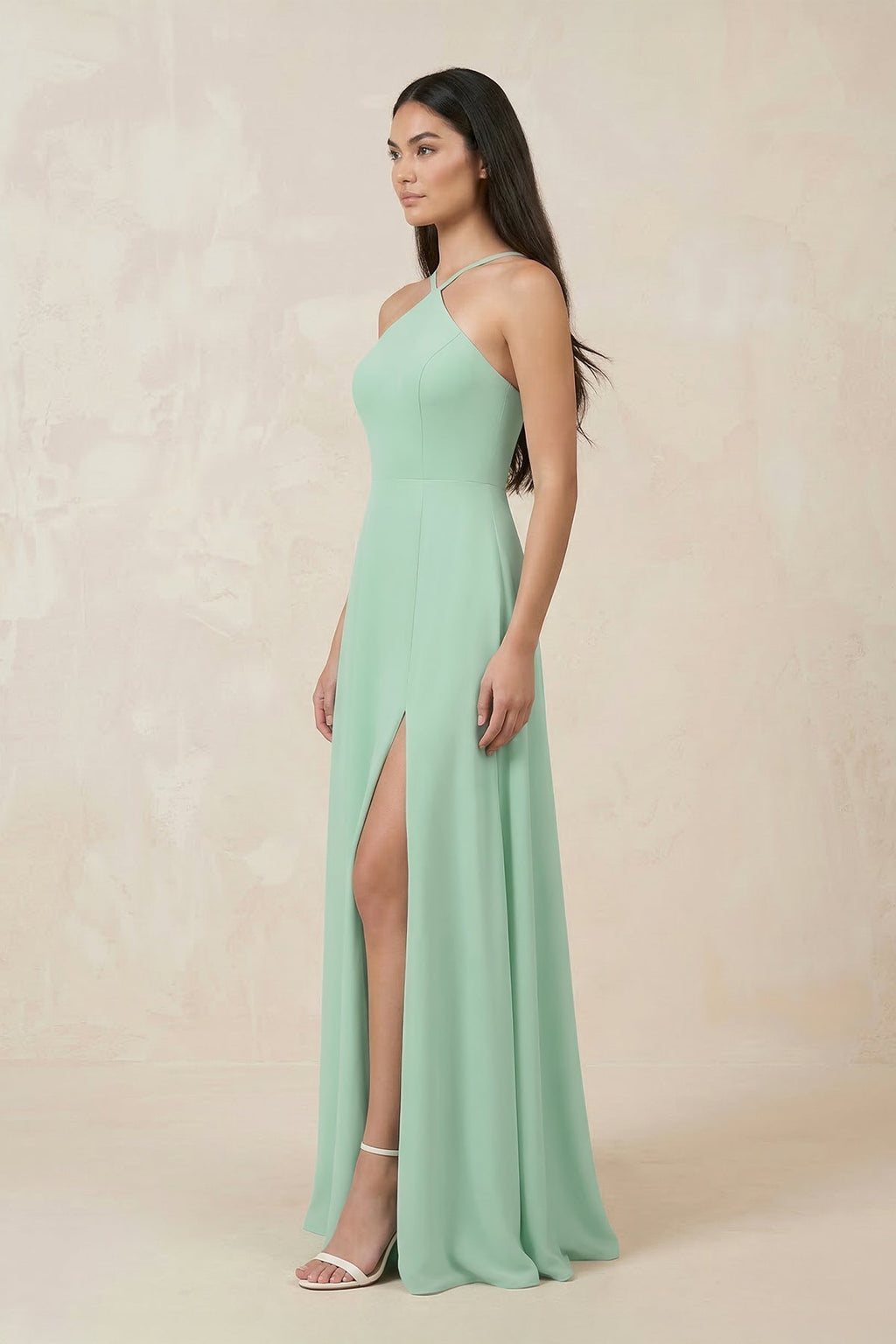 Halter Chiffon A-Line Bridesmaid Dress With Slit in Pale Pistachio - Curvevia