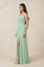 Halter Chiffon A-Line Bridesmaid Dress With Slit in Pale Pistachio - Curvevia