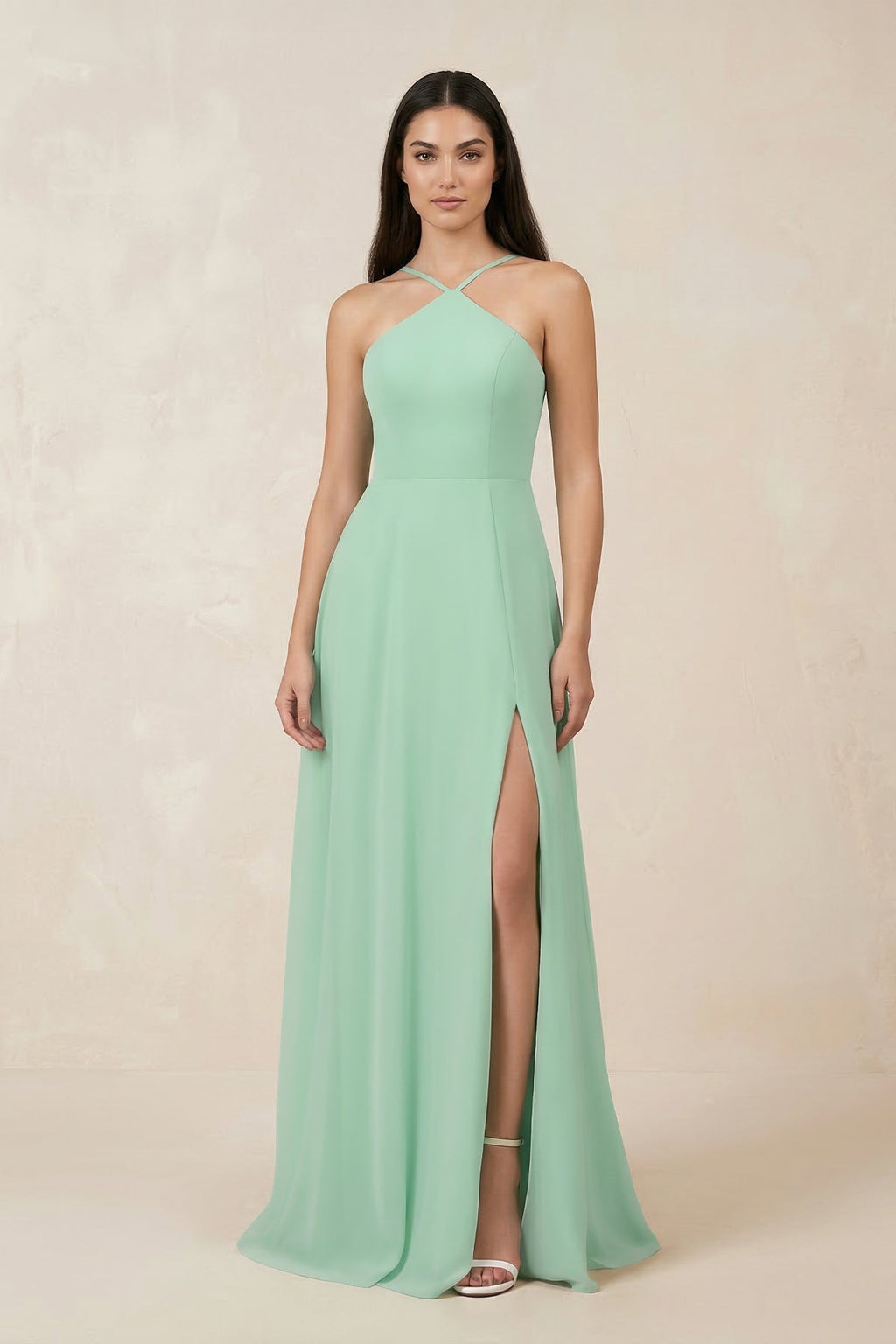 Halter Chiffon A-Line Bridesmaid Dress With Slit in Pale Pistachio - Curvevia